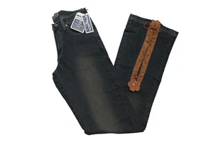 NWT Waist Size 29 Y2K Dark Wash Lace Up Flower Denim Flared Jeans Festival Boho - Picture 1 of 9