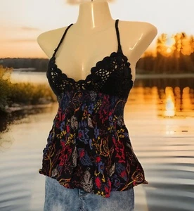 Free People Crochet & Gauzy Tank Top Size XS Ties Smocked A-Line Black Floral - Picture 1 of 13