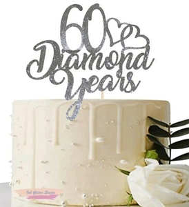 Cake Topper Diamond 60th Wedding Anniversary Glitter Mirror Card Decoration - Picture 1 of 6