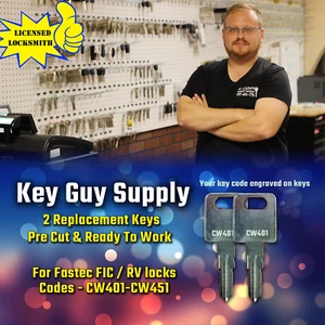 CW401-CW451. 2 NEW STAMPED KEYS FOR FIC FASTEC, RV LOCKS. LICENSED LOCKSMITH. - Picture 1 of 9