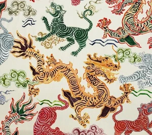 HAMILTON HIMALAYA NATURAL ASIAN TIGERS DRAGONS MULTIUSE FABRIC BY THE YARD 54"W - Picture 1 of 7