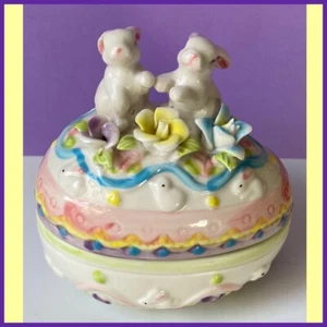 Bunny Rabbit Ceramic Egg Candy Dish Trinket Box with Lid Figure Yellow Rose ๐ผ - Picture 1 of 10