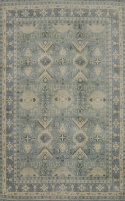 Transitional Light Blue Silk Carpet Handmade Geometric Oushak Style Area Rug 6x8 - Image 1 of 4