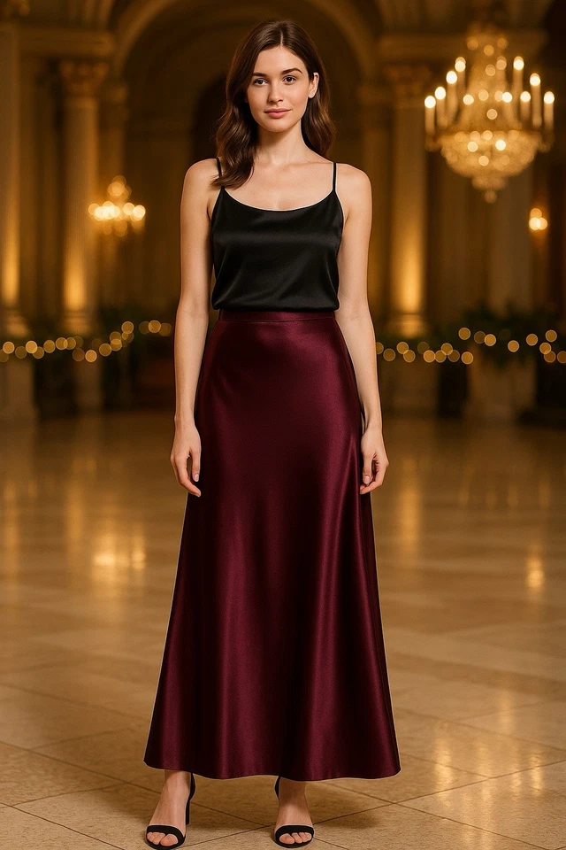 Maxi Falda Carmen Marc Valvo Petite 8 P Borgoña Satén Formal Noche Línea A Foto 1 de 4