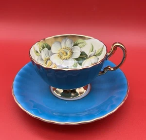 RARE Vintage Aynsley Teal Blue Gold Dogwood Floral Footed Tea Cup & Saucer Set - Picture 1 of 14