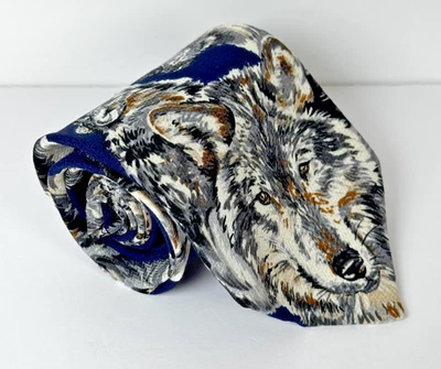 Corbata de cuello vintage WWF World Wildlife Fund para hombre gris seda lobos animal años 90 EE. UU. Foto 1 de 4
