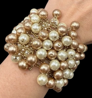 Vintage Bracelet Wide Faux Pearl Gold Tone 6” J20 - Image 1 of 4