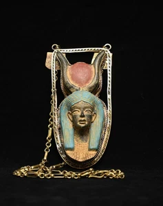 Autentica Collana Antico Egizio Antiquariato Dio Hathor Amuleto Egizio BC - Foto 1 di 10