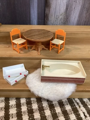 Tomy Dollhouse Vintage Furniture Table & Chairs Bathtub /Rug MCM PCs Japan Works - Image 1 of 4