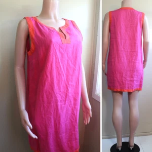 Sigrid Olsen Mini Dress L 100% Linen Shift Sleeveless Pink Orange Split Neck - Picture 1 of 7