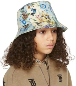 Authentic NEW BURBERRY Kid Beige Blue Floral Print Bear Cotton Bucket Hat 8Y-12Y - Picture 1 of 13
