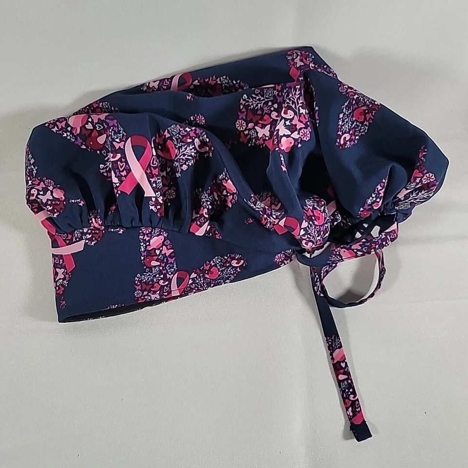 Maevn Adjustable Scrub Hat Birds Flowers Butterfly Ribbon Navy Blue & Pink - Image 1 of 4