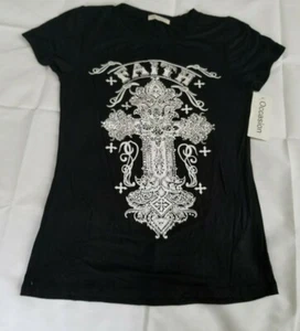 T-Shirt Anlass schwarz kurzärmlig Nieten Glaube Kreuz Größe Extra Small c1 - Bild 1 von 4
