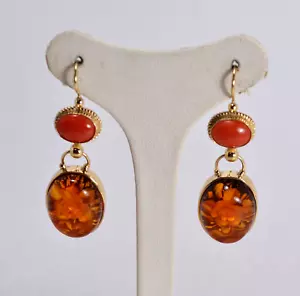 ORECCHINI ARGENTO 925 DORATO AMBRA INCISA E CORALLO ROSSO AGHT 0887 - Foto 1 di 3