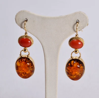 ORECCHINI ARGENTO 925 DORATO AMBRA  INCISA E CORALLO ROSSO             AGHT 0887 - Immagine 1 di 3