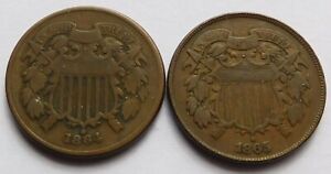 1864 Large Motto + 1865 Two Cents pieces VG/F, Two 2C coins