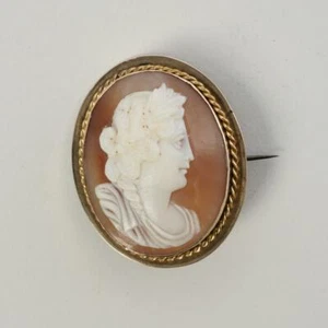 Victorian Carved Shell Woman Cameo Brooch with Sterling Silver Setting Antique - Picture 1 of 5
