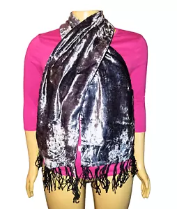 Magnus Scarf Women's Gun Metal Silver Crushed Velvet Fringe 61"x12" - Picture 1 of 3