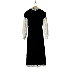 Vtg Victorian Maxi Dress Size 9 Crushed Velvet Lace Handmade Puff Sleeve Fairy - Picture 1 of 15