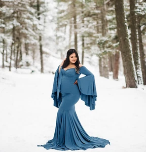 Pregnant Women's Dress Maternity Long Ruffle Sleeve Gown For Photography Shoot - Picture 1 of 30