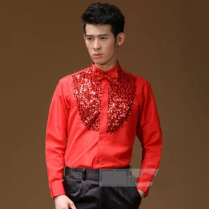 Men Sequin Shirt Top Bowknot Shiny Chorus Dance Wedding Groomsman Costume Casual - Picture 1 of 12