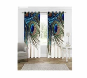 2 Piece Peacock Print Shaded Ringtop Grommet Window Door Curtains Set 48” X 72” - Picture 1 of 2
