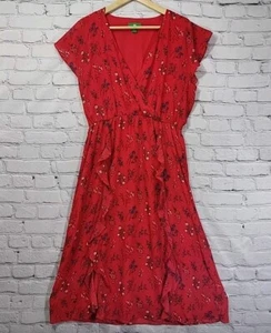 Dip Dress Womens Sz L Red Feminine Floral A-Line Flutter Sleeves Midi Surplice  - Picture 1 of 9