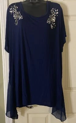 Top de jean Earl 2X elástico para mujer con gemas y cuentas en el hombro delantero azul marino Foto 1 de 4