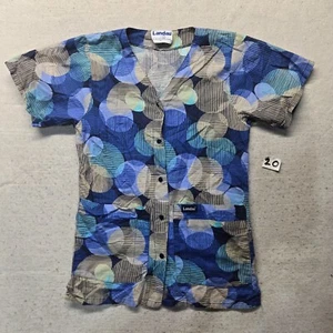 LANDAU Blue Circles Snap Front Short Sleeve Scrubs Top Shirt Adult Women's XS - Picture 1 of 8