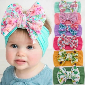 Big Bow Baby Headband Floral Print Elastic Hairband Soft Infant Turban Head Wrap - Picture 1 of 18