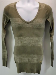 MM) Guess Damen Shirt V-Ausschnitt grün glitzernd gestreift Small gold/silberfarben - Bild 1 von 9