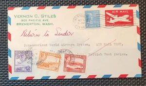 Pan-American World Airways Air Mail Test British West Indies Bremerton WA FDC - Foto 1 di 2