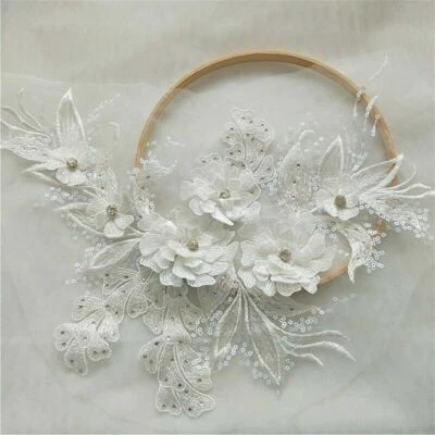 Embroidery Lace Applique 3D Sequin Patch DIY Wedding Dress Sewing Trimming Craft - Image 1 of 4