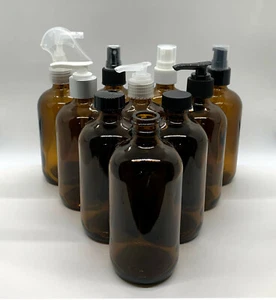 8 oz Amber Boston Round Glass Bottles w Caps, Sprayer, Lotion / Treatment Pumps - Picture 1 of 10