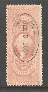Scott # R44c, Used, F, 25¢ Certificate, Fire Association Oval Cancel. 6/3/1865 - Picture 1 of 3
