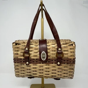 Vintage Wicker Rattan Lucite Leather Purse Turnlock Wicker Bag Tan Brown - Picture 1 of 12