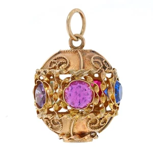 Yellow Gold Lab Created Spinel Ruby Sapphire Vintage Ornate Ball Charm 14k Round - Picture 1 of 8