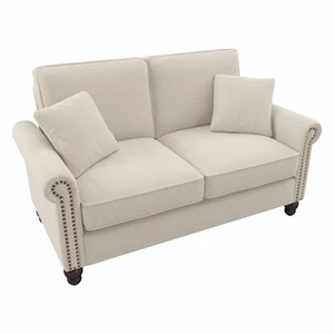 Coventry 61W Small Living Room Loveseat in Cream Herringbone Fabric - Picture 1 of 8