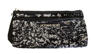 Victoria's Secret Black Sequin Clutch Purse Make Up Bag Zip up Silver Accents - Bild 1 von 7