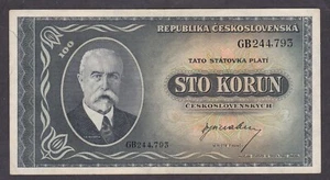 [XF, No tears or Holes] 1945 Czechoslovakia 100 Korun P-63a GB244793 [016-2] - Picture 1 of 2