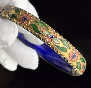 Vintage Cloisonné Floral Cobalt Blue Gold Gilt Hinged Enamel Bangle Bracelet 33g - Picture 1 of 20