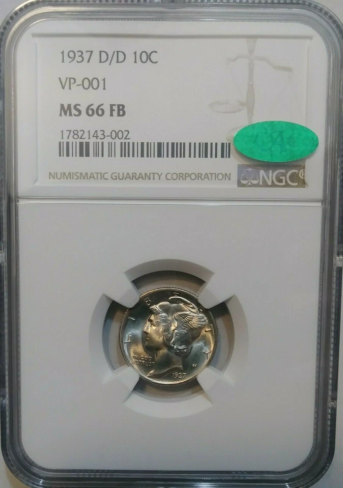 1937-D/D NGC MS66FB CAC Pop One TODOS os graus em NGC e PCGS! Moeda de dez centavos de mercúrio RPM-1 10C - Imagem 1 de 4