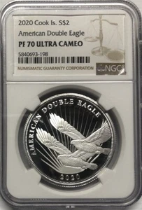 2020 COOK ISLANDS AMERICAN DOUBLE EAGLE Silver $2 NGC PF 70💥FLAWLESS QUALITY💥 - Picture 1 of 4