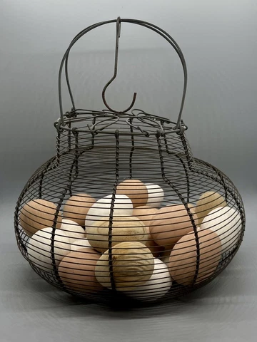 Antique French Wire Egg Gathering Basket with Eggs Cover