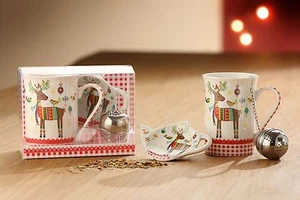 Tee-Set dreiteilig Teetasse Tee-Ei Schale Porzellan Rentier Geschenk - Bild 1 von 1