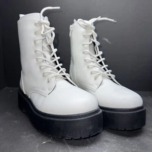 Forever 21 Boots Womens 5.5 Platform Combat White Leather Round Toe Lace Up - Picture 1 of 13