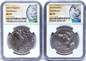 2 Moneda Juego 2024 Morgan Paz Plateado Dollars NGC Ms 70 Primer Releases - Imagen 1 de 2