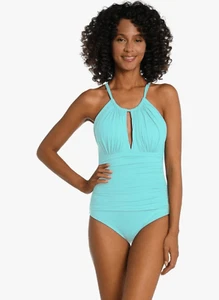 La Blanca Women's 10 Island Goddess High Neck Keyhole One Piece Swimsuit Ice Blu - Picture 1 of 6