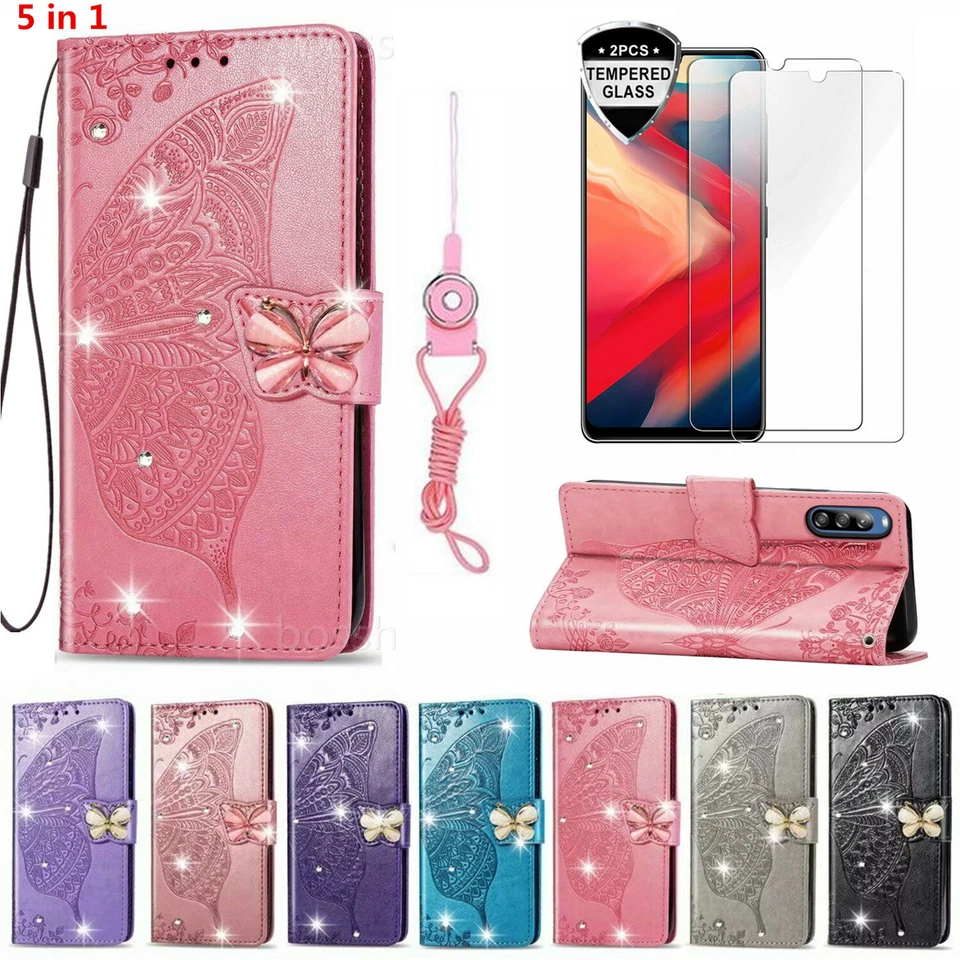 Bling Butterfly Wallet Phone Case & 2 Glass Screen Protector Film & 2 Straps - Image 1 of 4