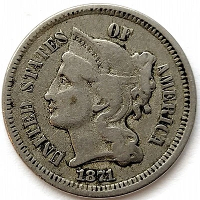 1871 Copper Nickel Three Cent Piece 3c XF * Original Surfaces * Civil War - Image 1 of 2